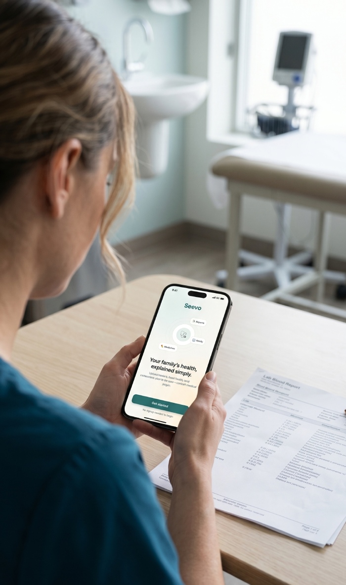 A family managing their health together using the Seevo app on a smartphone