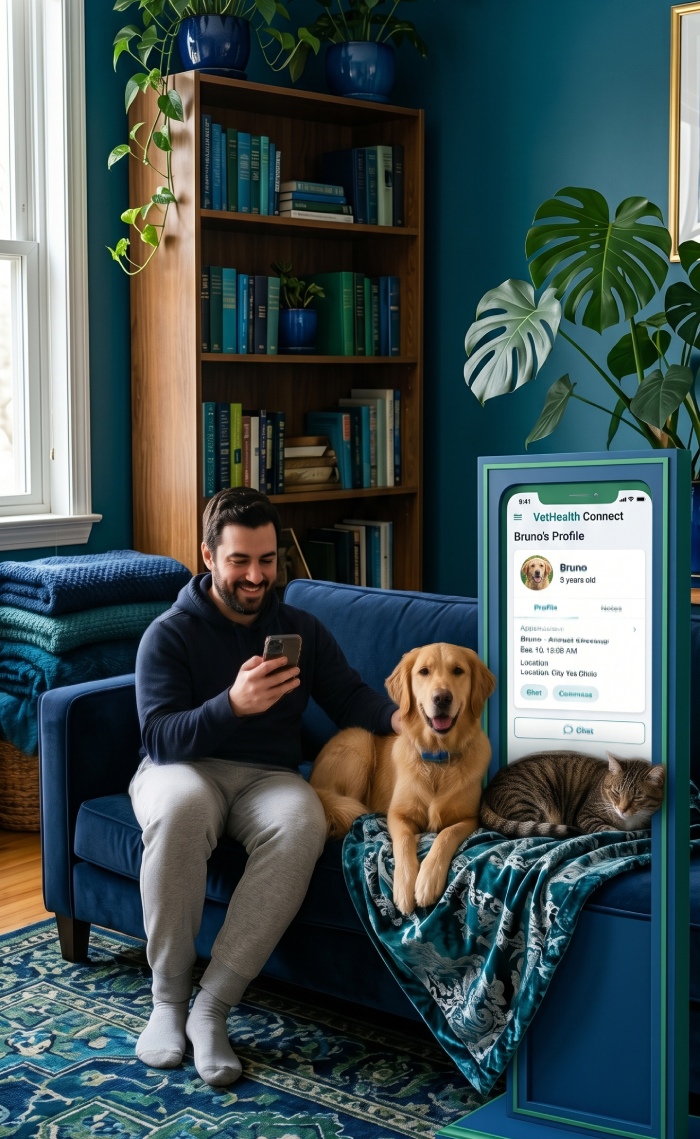A pet owner reviewing their pet's health information on a phone